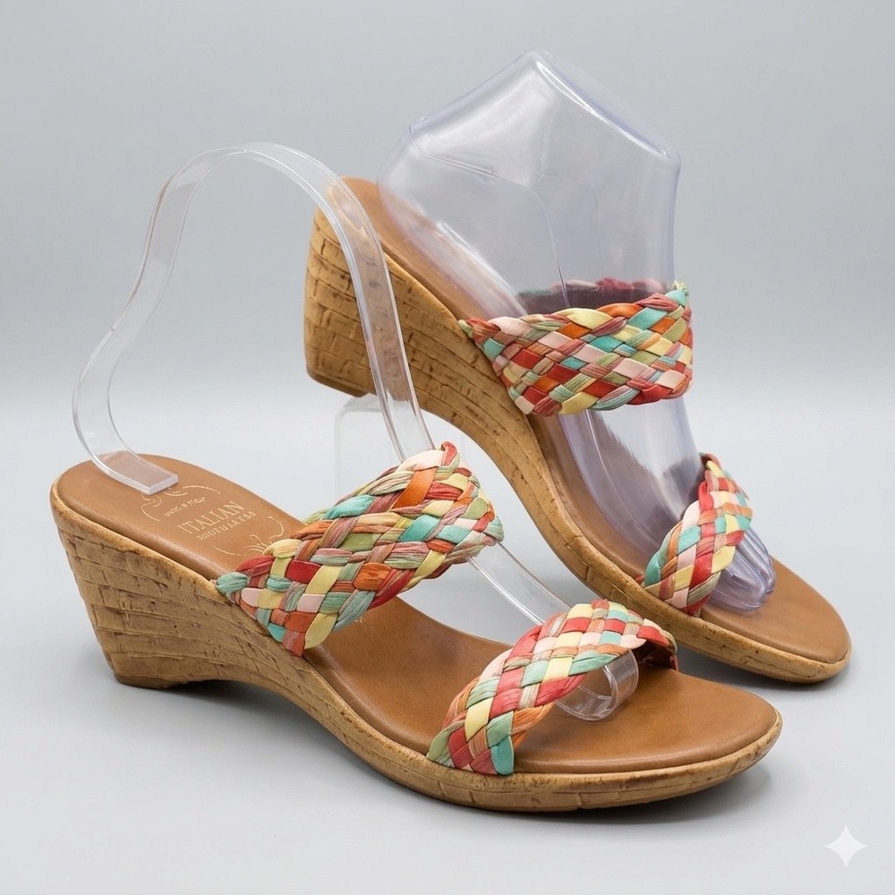Italian Shoemakers Womens 10 Multicolor Braid Raffia Sandals Italy Made Festival